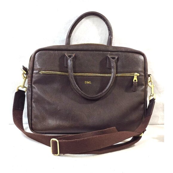 Mark & Graham Brown Leather Briefcase With Gold Hardware & Adjustable Strap - Picture 1 of 11